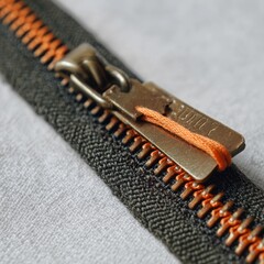 A zipper is shown with a silver and orange label