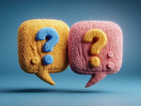 Two fluffy, square, colorful speech bubbles with question marks