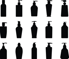 Fototapeta premium Silhouette pump bottle icons, cosmetic dispenser containers, lotion soap bottles, liquid soap dispensers, skincare product bottles, hygiene pump silhouettes vector