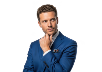 Pensive businessman in blue suit portrait stock photo, handsome man thinking, isolated professional headshot, male model, business attire isolated on transparent background
