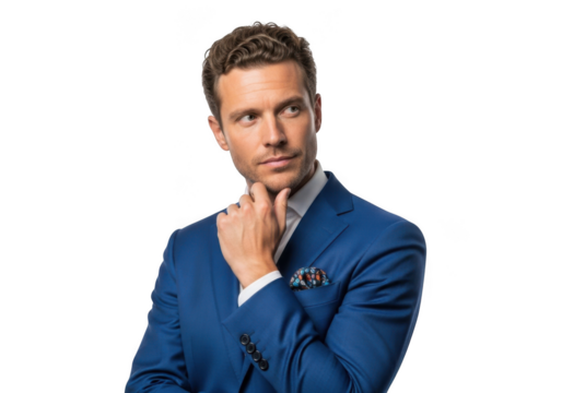 Pensive businessman in blue suit portrait stock photo, handsome man thinking, isolated professional headshot, male model, business attire isolated on transparent background - Powered by Adobe