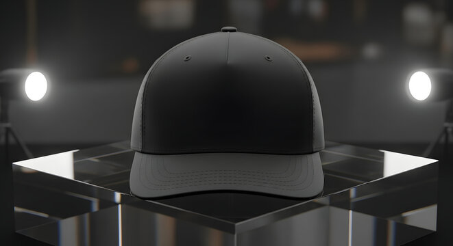 3D rendering of a blank two-tone baseball cap on a glass pedestal. Studio product display for branding mockups and apparel design.