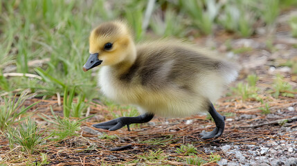 Obraz premium Adorable fluffy gosling waddles through grassy ground with curiosity and charm
