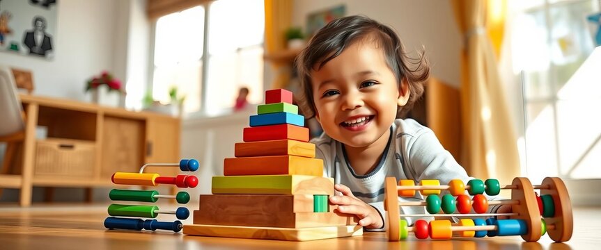 A cheerful toddler plays with a colorful wooden pyramid and abacus in sunlit room, sunny, colors