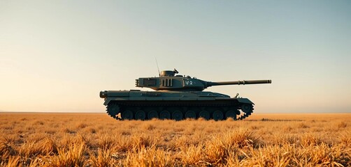 A lone tank sits on a vast, flat field, under a clear sky, desert, camouflage