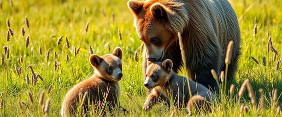 A mama bear gently nudges her playful cubs amidst sun-dappled meadow grasses,  playful,  wild animals
