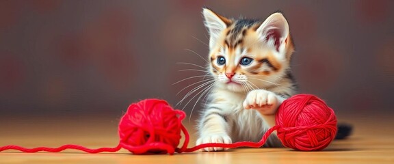 A playful kitten batting at a bright red ball of yarn,  wool,   happy