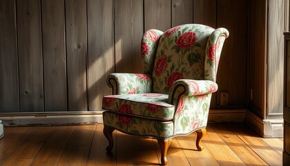 A worn floral armchair, faded upholstery, exposed wood, soft light, vintage charm,  wooden frame,  romantic