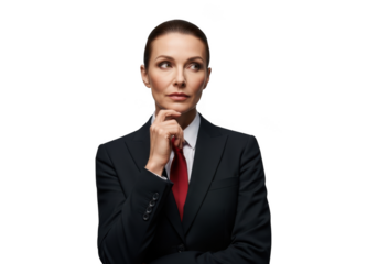 Thoughtful businesswoman in suit posing with hand on chin, professional woman thinking, isolated on transparent background