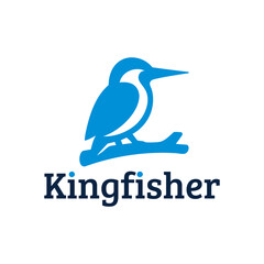 Creative kingfisher bird logo in blue silhouette perched on a branch. Modern vector design suitable for business identity, branding, corporate symbol, and professional marketing use.