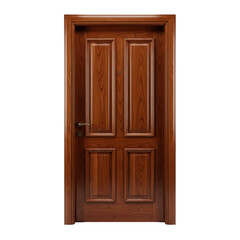 Classic brown wooden door with four panels, a sturdy frame, and a polished brass handle. Perfect for architectural or home decor projects.
