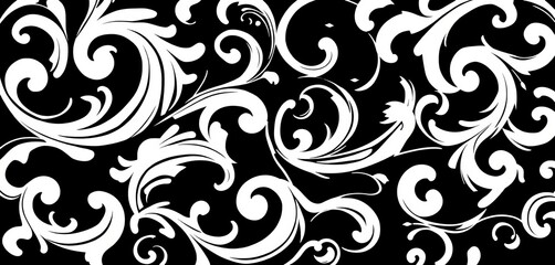 Abstract swirling black and white floral pattern, intricate and elegant, monochrome, illustration