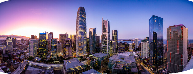 Aerial View of Downtown Skyline at Dusk