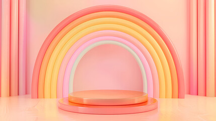 Dreamy pastel rainbow stage with podium for product display