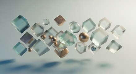 A Serene Ballet of Levitating Glass Cubes and Gilded Spheres