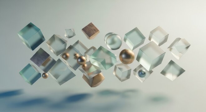 A Serene Ballet of Levitating Glass Cubes and Gilded Spheres