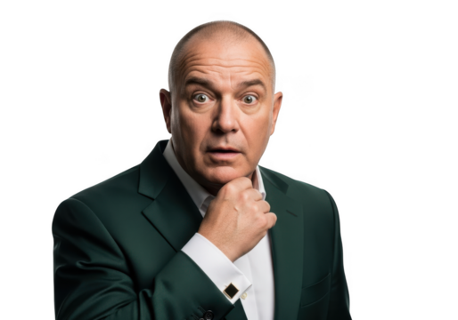 Shocked bald man in green suit portrait with hand on chin high resolution image stock photo isolated on transparent background