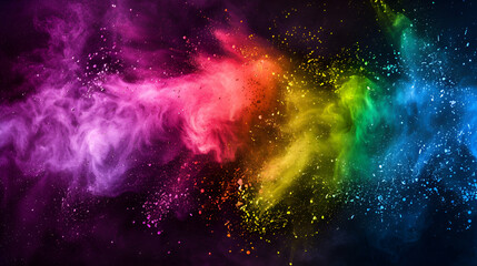 Obraz premium Vibrant rainbow powder explosion bursts across dark background