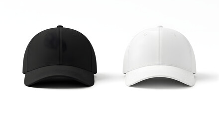 Simple black and white duo of blank baseball caps. Clean front view mockup template for apparel branding design.