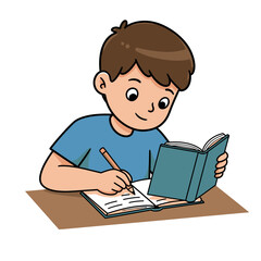 Cartoon illustration of a young boy with brown hair studying writing in a notebook with a pencil while holding a book.