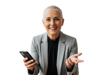 Smiling mature businesswoman holding smartphone and gesturing in gray suit, senior woman, isolated on transparent background