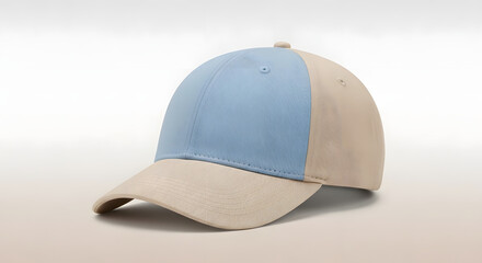 Fototapeta premium Modern two-tone baseball cap featuring light blue and beige colors, isolated on a neutral background. A stylish blank headwear accessory perfect for casual fashion or design mockups.