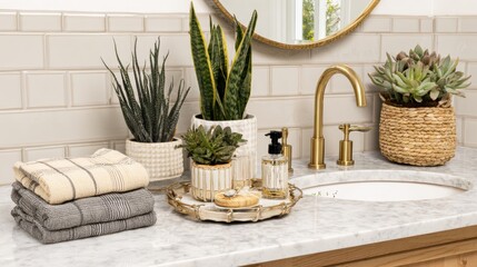 Fototapeta premium Elegant Bathroom Countertop With Plants, Towels, and Accessories Enhancing Modern Decor in a Sunny Space