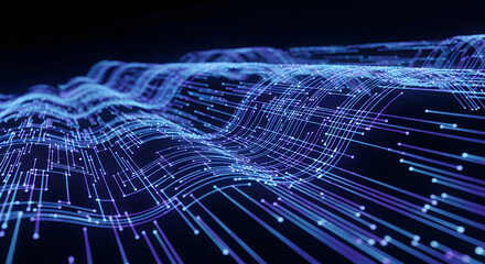Abstract digital network of lines and points, creating a wavy, flowing pattern.