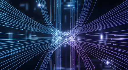 Abstract digital network, glowing blue and purple lines converge at a central point, creating a futuristic, interconnected visual.
