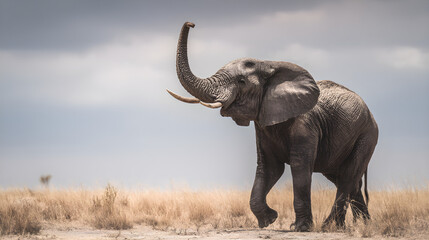 Obraz premium Majestic elephant trumpets greeting on African savanna with dry grass and cloudy sky