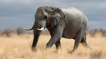 Obraz premium Majestic elephant strides through golden savanna grasses under a cloudy sky