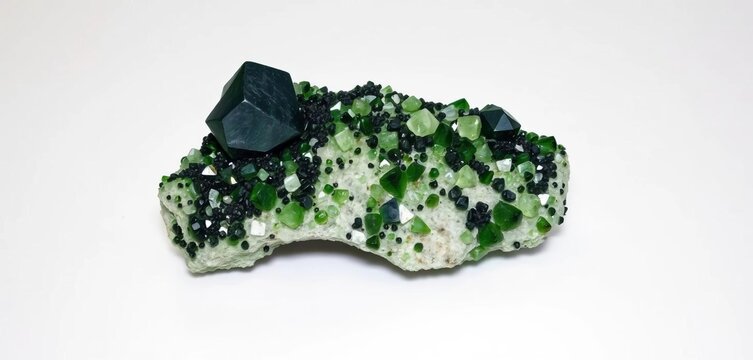 Dark green augite crystal cluster on pristine white backdrop,  sample,  rocks