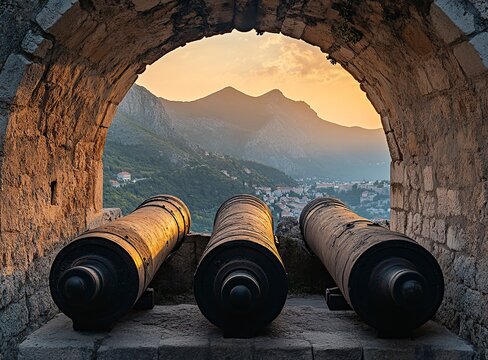 Canons, old cannons at the walls of Dubrovnik in Croatia with a mountain background, stock photo contest winner on Shutterstock, award-winning photography. 