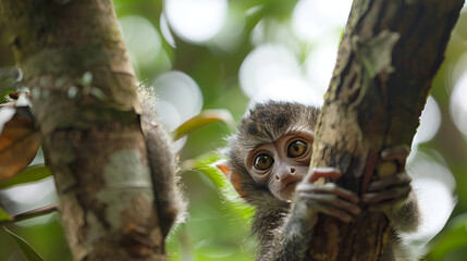 Curious monkey peeking from lush green forest branches, natural wildlife