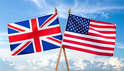 UK USA Flags with Blue Sky.