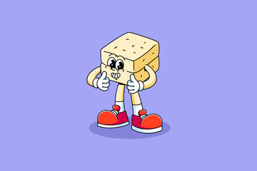Soy tofu retro cartoon character mascot with standing and showing thumb up hands for street food, restaurant mascots and merchandise. Vector Illustration