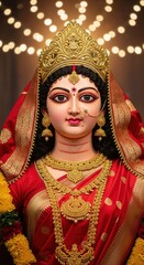 Close-up portrait of Maa Durga face with soft glowing festive lights