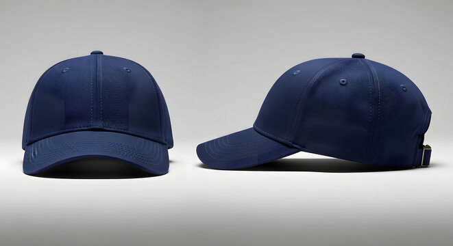 Plain navy blue baseball cap mockup shown in front and side view. Isolated on a clean light gray studio background for product presentation or design template.