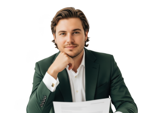 Professional business man portrait in green suit thinking deeply with documents png image stock photo, isolated on transparent background