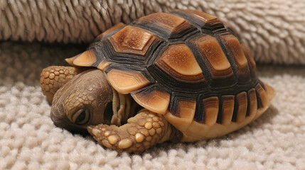 Adorable baby tortoise with intricate shell detail resting on soft textured surface, captivating close-up