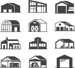 Warehouse building icons, storage facility symbols, industrial warehouse silhouettes, logistics center graphics, distribution hub icons, factory storage vector illustrations