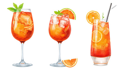 Refreshing alcoholic beverage in crystal glasses with vibrant fruit slices and mint sprigs on an