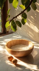 Wooden bowl filled with rice, sunlight, and leaves