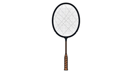 A badminton racket with a black frame, white strings, and a brown handle, centered on a white background.