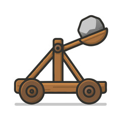 A cartoon wooden catapult launching a large stone in a medieval setting with a sense of power and energy in a vibrant illustration.
