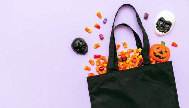 Black tote bag overflowing with Halloween candy corn and spooky treats.