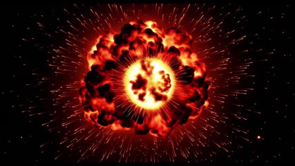 Dynamic explosion sequence: A fiery explosion bursts in the center, radiating bright orange and yellow flames. The camera performs a rapid zoom out to capture the expanding shockwave