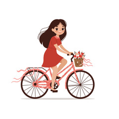 Charming girl in a red dress riding a pink bicycle with a basket of red roses.