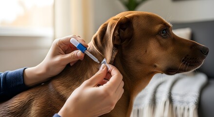 Person applying flea and tick treatment to a brown dog with a dropper near the neck area outside