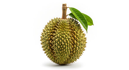 A single durian fruit with its spiky outer shell and two green leaves isolated on a white background ai generated